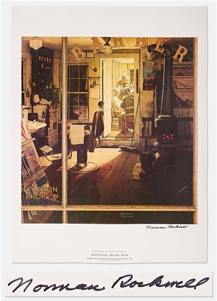 Norman Rockwell Signed Lithograph of His Famous Painting ''Shuffleton's Barber Shop'' -- Measures 19'' x 25''