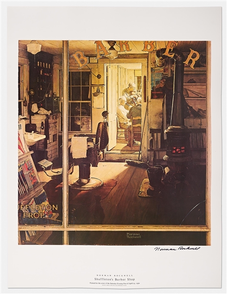 Norman Rockwell Signed Lithograph of His Famous Painting ''Shuffleton's Barber Shop'' -- Measures 19'' x 25''