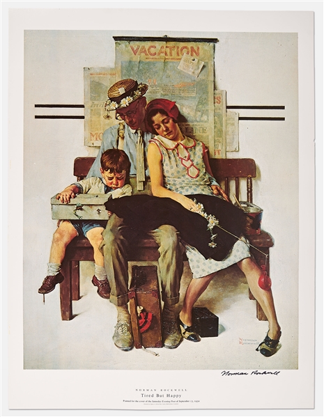 Norman Rockwell Signed Lithograph of His Famous Painting ''Tired But Happy'' -- Measures 19'' x 25''