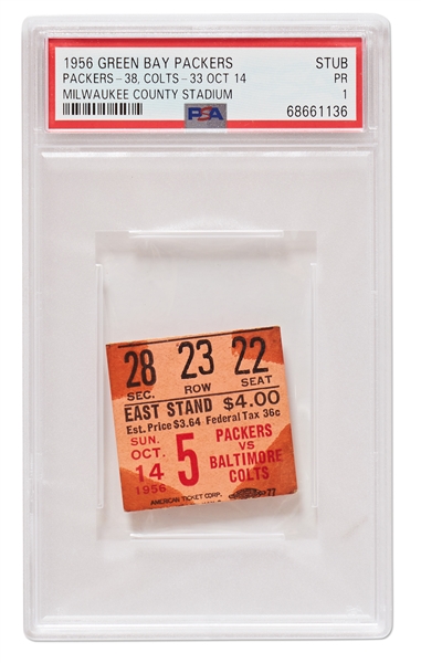 Baltimore Colts Ticket from 1956, the 3rd Game of Johnny Unitas' First NFL Season -- Encapsulated by PSA