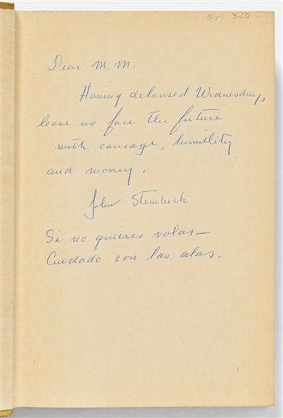 John Steinbeck Signed First Edition, First Printing of ''Sweet Thursday'' -- ''...face the future with courage, humility and money...''