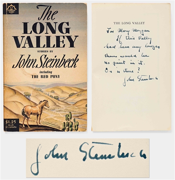 John Steinbeck Signed Presentation Copy of ''The Long Valley'' -- Steinbeck Pokes Fun at the Title of His Book: ''...If this valley had been any longer there would be no point in it. Or is there?...''