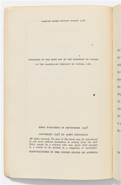John Steinbeck Signed Presentation Copy of ''The Long Valley'' -- Steinbeck Pokes Fun at the Title of His Book: ''...If this valley had been any longer there would be no point in it. Or is there?...''