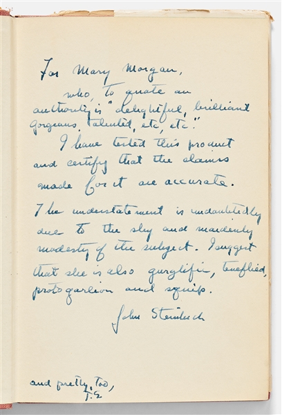 John Steinbeck Signed Presentation Copy of ''The Pearl'' -- ''...'delightful, brilliant, gorgeous, talented...I have tested this product and certify that the claims made for it are accurate...''