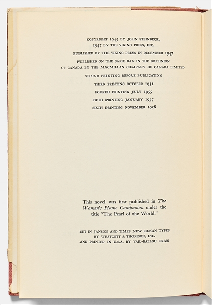 John Steinbeck Signed Presentation Copy of ''The Pearl'' -- ''...'delightful, brilliant, gorgeous, talented...I have tested this product and certify that the claims made for it are accurate...''