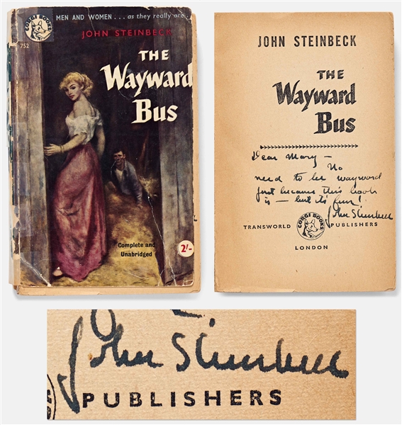 John Steinbeck Signed Presentation Copy of ''The Wayward Bus'' -- ''...No need to be wayward just because this book is - but it's fun!...''