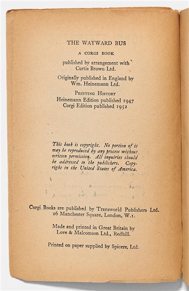 John Steinbeck Signed Presentation Copy of ''The Wayward Bus'' -- ''...No need to be wayward just because this book is - but it's fun!...''