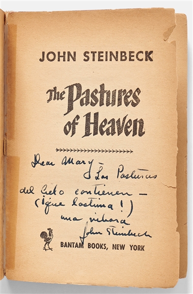 John Steinbeck Signed Presentation Copy of ''The Pastures of Heaven'' -- ''...The pastures of the sky contain...a viper...''