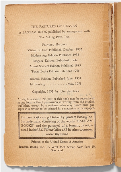 John Steinbeck Signed Presentation Copy of ''The Pastures of Heaven'' -- ''...The pastures of the sky contain...a viper...''