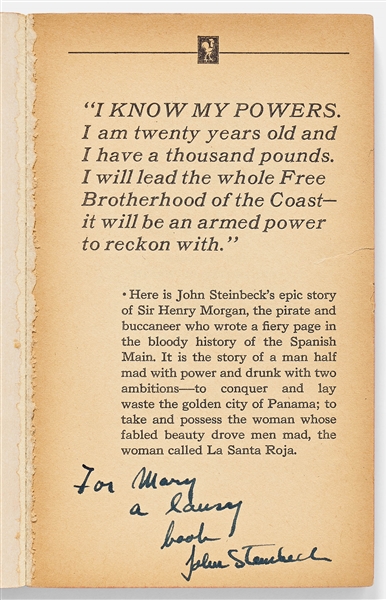 John Steinbeck Signed Presentation Copy of His First Novel, ''Cup of Gold'' -- Steinbeck Writes: ''...a lousy book / John Steinbeck''