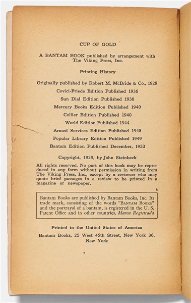 John Steinbeck Signed Presentation Copy of His First Novel, ''Cup of Gold'' -- Steinbeck Writes: ''...a lousy book / John Steinbeck''