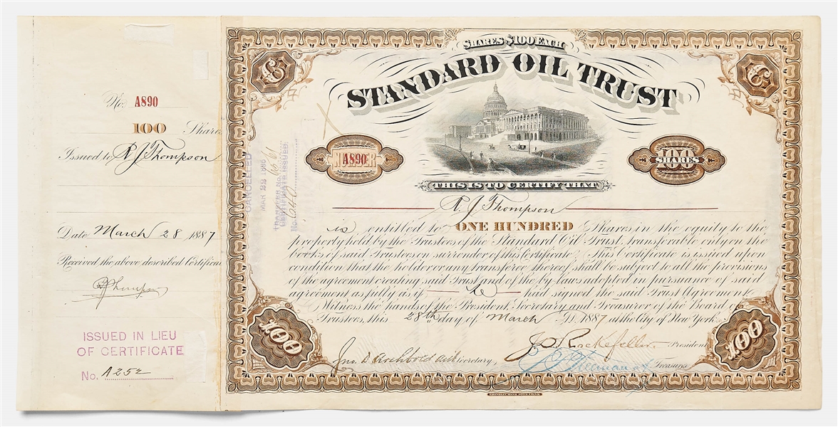 John D. Rockefeller Signed Stock Certificate for Standard Oil Trust -- Signed by Rockefeller as President in 1887