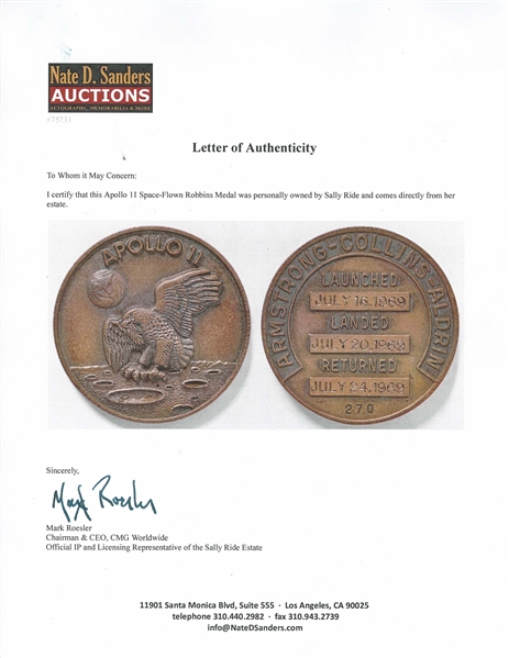 Apollo 11 Space-Flown Robbins Medal -- Owned by Astronaut Sally Ride