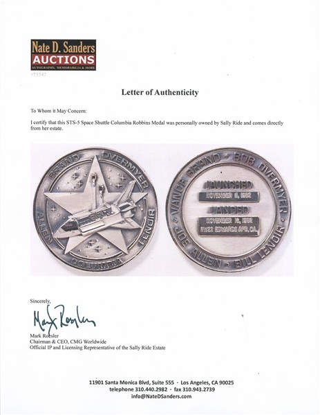 Sally Ride's Personally Owned STS-5 Space Shuttle Columbia Robbins Medal