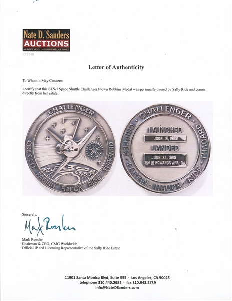 Sally Ride's Personally Owned STS-7 Space Shuttle Challenger Flown Robbins Medal -- Ride Made History as the First Female Astronaut on This Mission