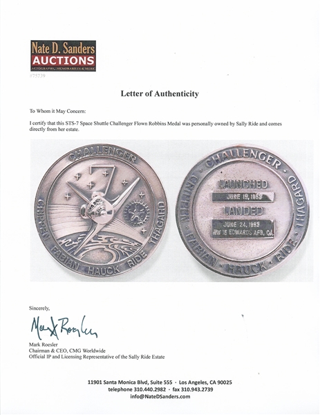 Sally Ride's Personally Owned STS-7 Space Shuttle Challenger Flown Robbins Medal -- Ride Made History as the First Female Astronaut on This Mission