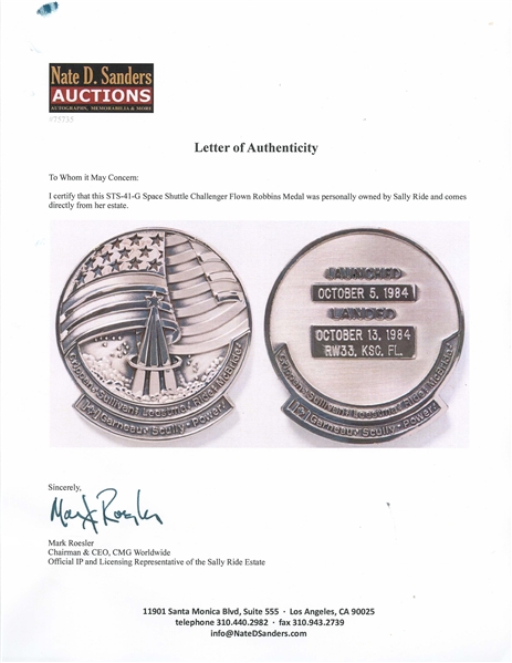 Sally Ride's Personally Owned STS-41-G Space Shuttle Challenger Flown Robbins Medal -- Ride Served as Mission Specialist and Flight Engineer on STS-41-G