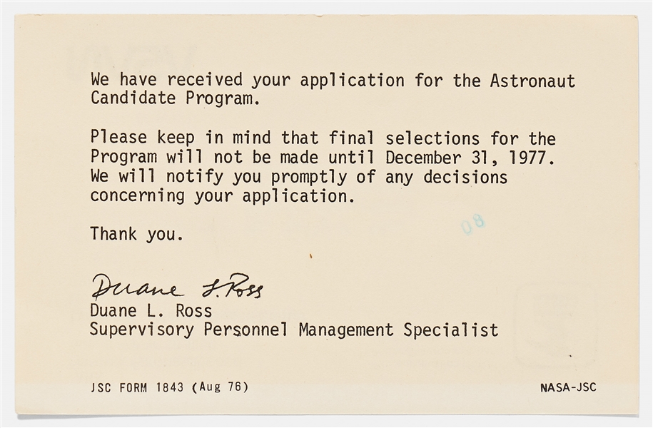 NASA Postcard to Sally Ride from 1977 Confirming the Receipt of Her Application to the Astronaut Candidate Program