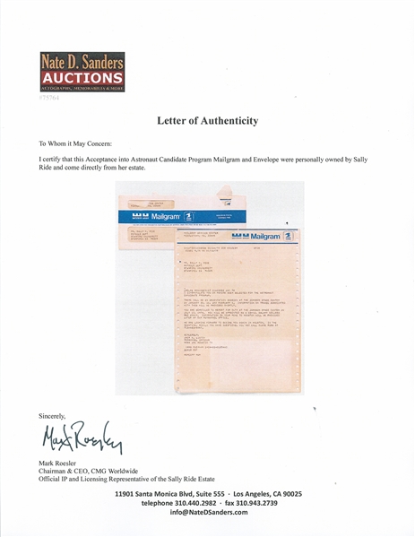 Sally Ride's Personally Owned NASA Acceptance Letter as One of the Group 8 Astronauts