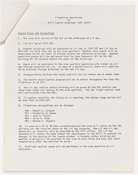 Sally Ride's Personally Owned Documents for the Launch Countdown of STS-7