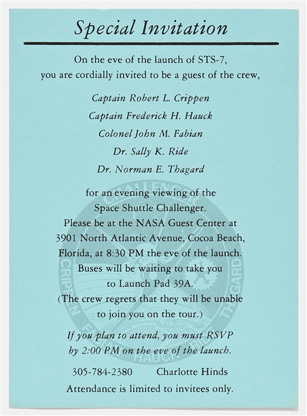 Sally Ride's Personally Owned Collection of STS-7 Space Shuttle Challenger Launch Invitations & Stationery