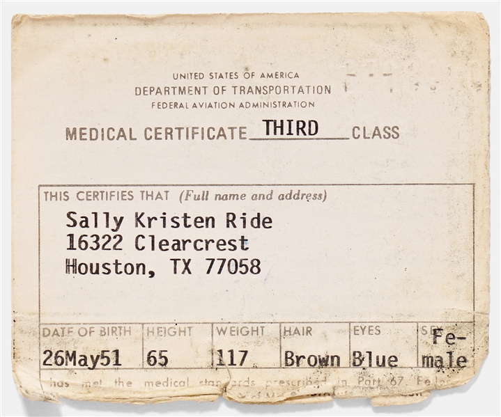 Sally Ride's Personally Owned and Signed NASA Medical Certificate
