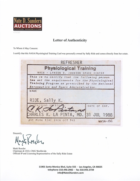 Sally Ride's Personally Owned NASA Physiological Training Card from 1988