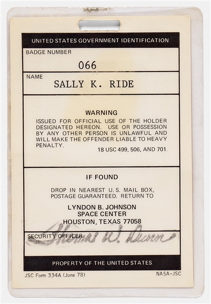 Sally Ride's Personally Owned NASA ID Badge