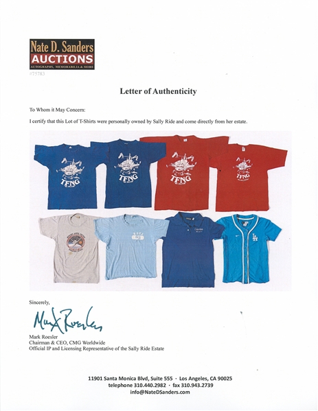 Sally Ride's Collection of Personally Owned Shirts -- Includes 7 NASA Shirts and One L.A. Dodgers Jersey