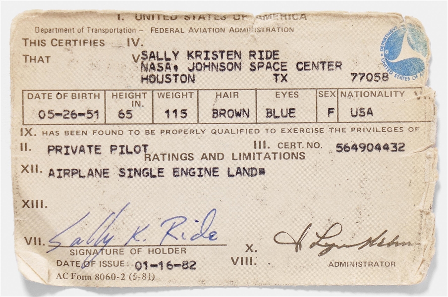 Sally Ride's Personally Owned and Signed Pilot's License -- With Part of the Shirt Worn by Ride During Her Certifying Flight