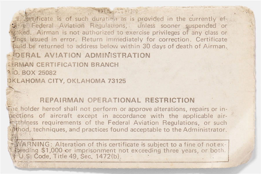 Sally Ride's Personally Owned and Signed Pilot's License -- With Part of the Shirt Worn by Ride During Her Certifying Flight