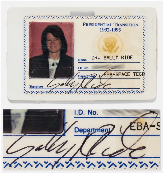 Sally Ride's Personally Owned and Signed ID Badge for Bill Clinton's Presidential Transition Team
