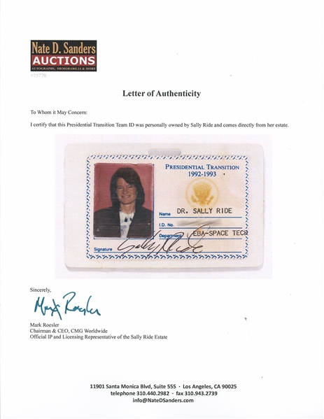 Sally Ride's Personally Owned and Signed ID Badge for Bill Clinton's Presidential Transition Team