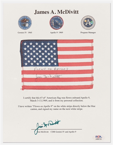 Apollo 9 Flown U.S. Flag, Signed & Certified as Flown by Commander James McDivitt -- With Additional COA Signed by McDivitt, Both With PSA COAs