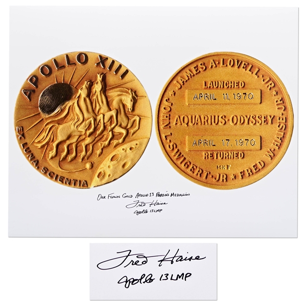 Fred Haise Signed 20'' x 16'' Photo of the Apollo 13 Gold Robbins Medal