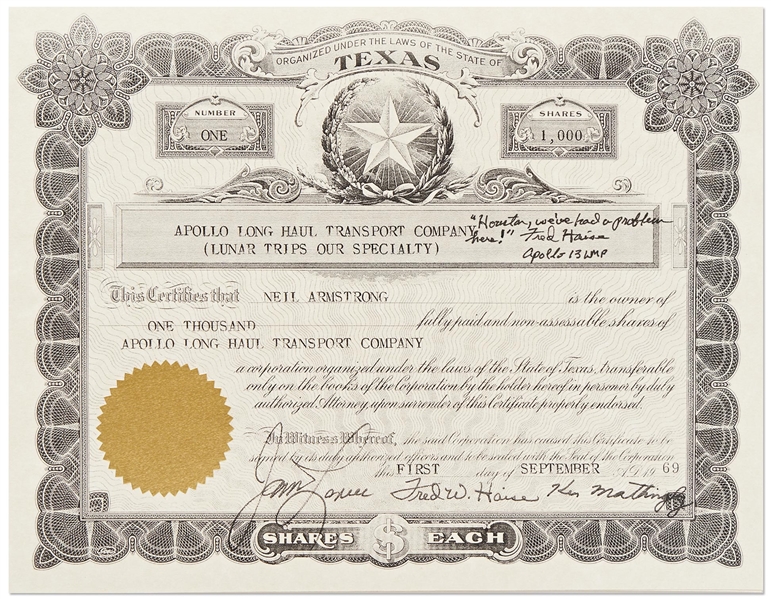 Fred Haise Signed Souvenir Stock Certificate for the Apollo Long Haul Transport Company -- Haise Signs the Gag Certificate, ''Houston we've had a problem here!''
