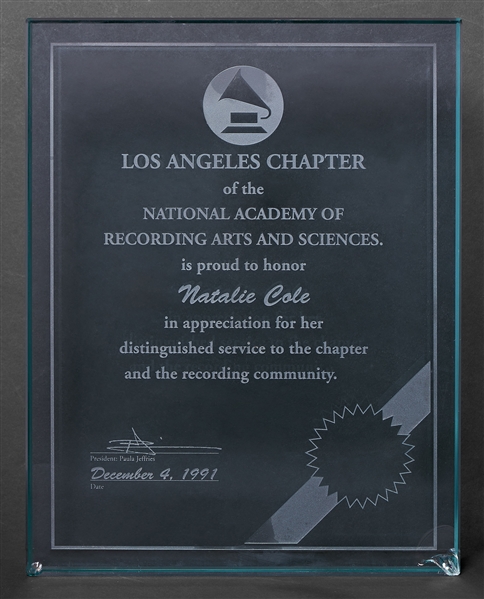 Grammy Plaque Awarded to Natalie Cole from 1991, the Year She Released Unforgettable... with Love
