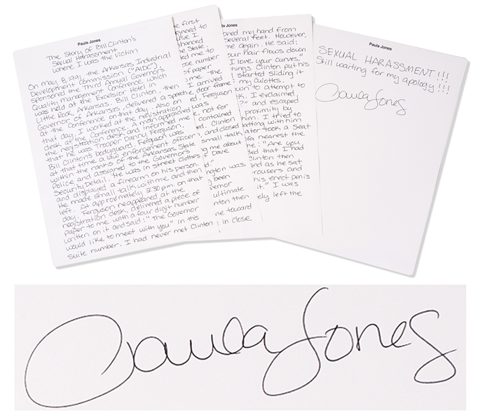 Paula Jones Handwritten, Signed Statement Regarding Bill Clinton -- "Clinton then approached the sofa and as he sat down he lowered his trousers"