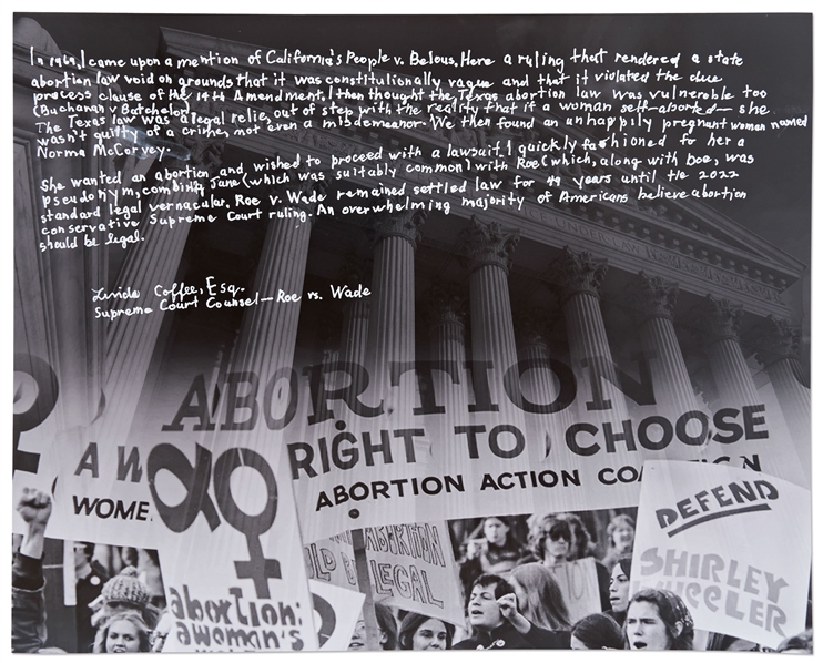 Linda Coffee Handwritten & Signed Statement on a 20 x 16 Photo -- Coffee Was Co-Counsel for the Supreme Court Case Roe v. Wade, Giving American Women the Right to an Abortion in 1973