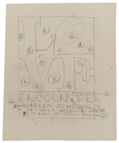 Robert Indiana Signed "LOVE" Sketch -- Indiana"s Draft for the Artwork Promoting the "Encounter" Exhibition at the Warren Benedek Gallery in 1973