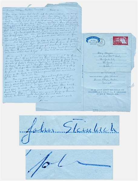 John Steinbeck Autograph Letter Signed ''John Steinbeck'' -- From England Opening with ''Canterbury Tales'', ''Whan that Aprille wip his shoures soote - The droghte of March hath perced to the roote''