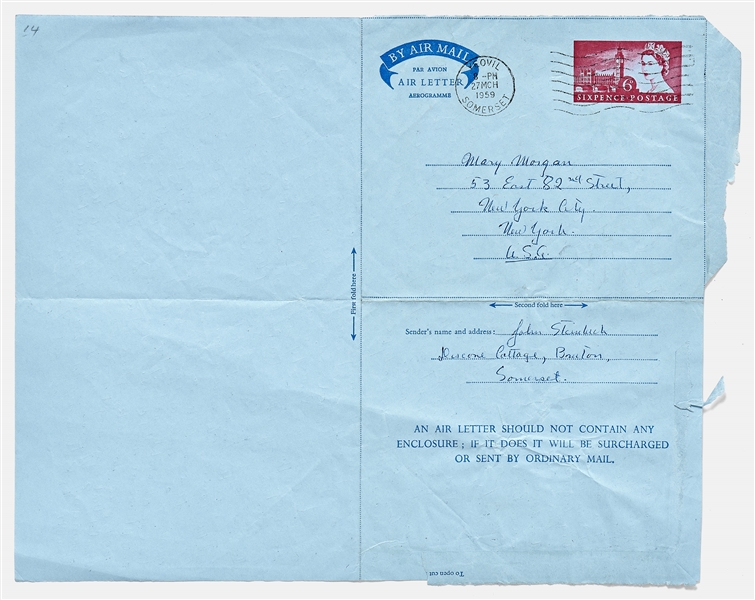 John Steinbeck Autograph Letter Signed ''John Steinbeck'' -- From England Opening with ''Canterbury Tales'', ''Whan that Aprille wip his shoures soote - The droghte of March hath perced to the roote''