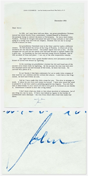 John Steinbeck Letter Signed -- Steinbeck Gifts a Cross Made of Wood Found in Jerusalem by His Grandfather After a Lightning Storm -- ...My grandfather Steinbeck was in the Holy Land...