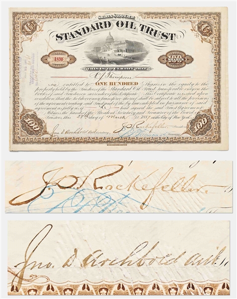 John D. Rockefeller Signed Stock Certificate for Standard Oil Trust -- Signed by Rockefeller as President in 1887