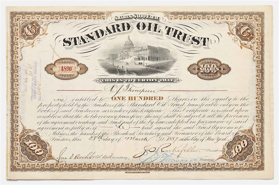 John D. Rockefeller Signed Stock Certificate for Standard Oil Trust -- Signed by Rockefeller as President in 1887