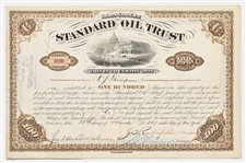 John D. Rockefeller Signed Stock Certificate for Standard Oil Trust -- Signed by Rockefeller as President in 1887