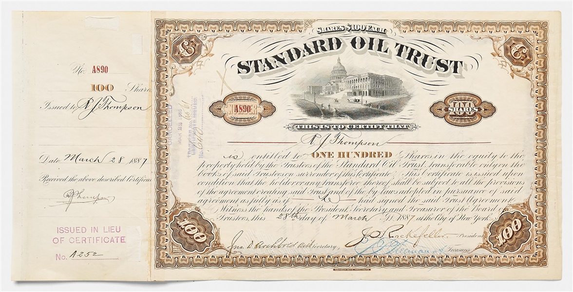 John D. Rockefeller Signed Stock Certificate for Standard Oil Trust -- Signed by Rockefeller as President in 1887