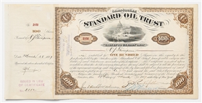 John D. Rockefeller Signed Stock Certificate for Standard Oil Trust -- Signed by Rockefeller as President in 1887