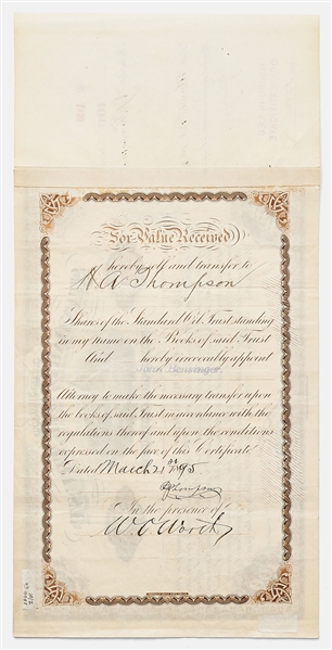 John D. Rockefeller Signed Stock Certificate for Standard Oil Trust -- Signed by Rockefeller as President in 1887