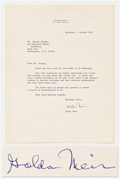 Golda Meir Letter Signed as Prime Minister Regarding the Munich Olympics Massacre of 12 Israeli Athletes & Coaches -- ...I know how strongly you feel about this vicious act... -- With PSA COA